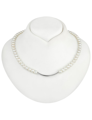 Oval white dash pearl necklace, embellished with silver tube NR6065SR