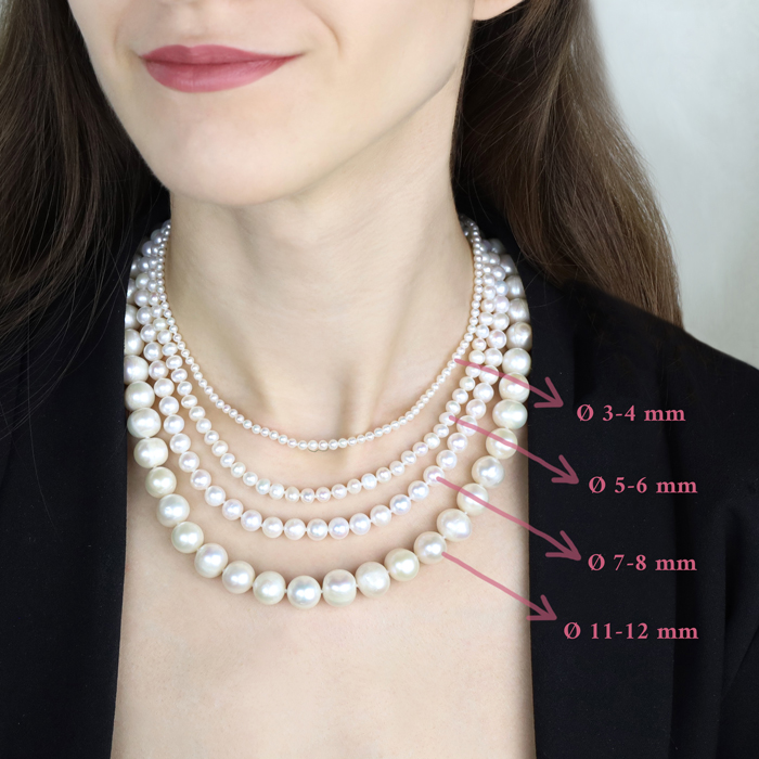 Porównanie przykładowych średnic pereł dla klasycznych naszyjników perłowych na modelce